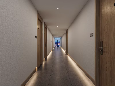 Modern Hotel Corridor With Wooden Doors Room Numbers Gray Floor And White Walls 3d model