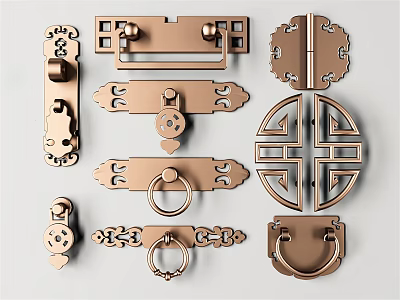 Various Artistic Copper Handles With Intricate Traditional Patterns For Furniture Decoration 3d model