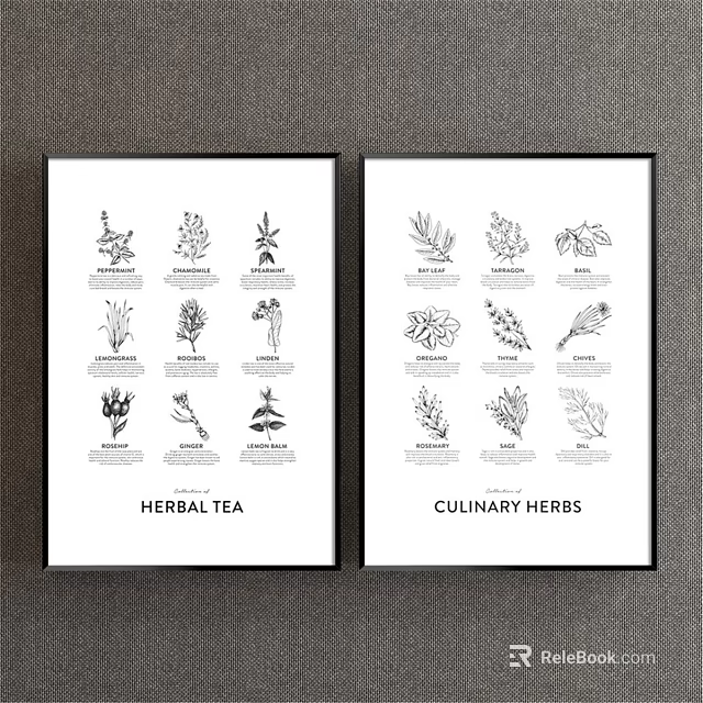 Black and White Framed Botanical Wall Art of Herbal Tea and Culinary Herbs 3d model 