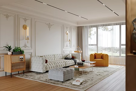 French Living Room Sofa Coffee Table Combination Wall Lamp Decorative Cabinet Single Sofa Carpet 3d model