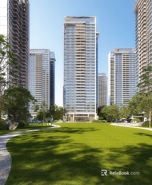 Modern High Rise Residential Buildings Exterior With Green Lawns Trees And Pathways 3d model 