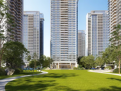 Modern High Rise Residential Buildings Exterior With Green Lawns Trees And Pathways 3d model
