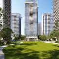 Modern High Rise Residential Buildings Exterior With Green Lawns Trees And Pathways