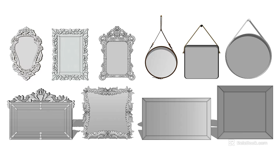 Various Decorative Mirrors With Ornate And Simple Frames In Different Shapes 3d model