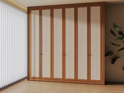 Modern Wooden Wardrobe With Woven Panel Doors In Bright Interior Space With Plant 3d model