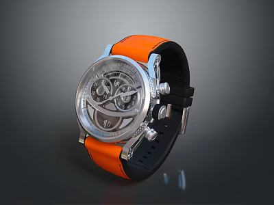 Modern Luxury Mechanical Watch With Orange Leather Strap And Silver Transparent Dial 3d model