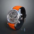 Modern Luxury Mechanical Watch With Orange Leather Strap And Silver Transparent Dial