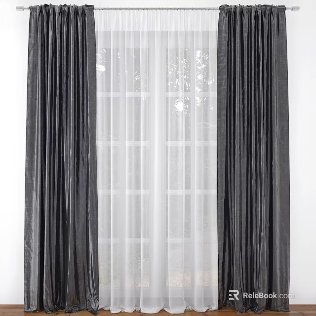 Black Curtains with White Sheer Curtains for Window Allowing Natural Light 3d model 