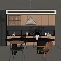 Modern Restaurant Interior With Wooden Cabinets Black Accents Round Table Pendant Light And Green Plant