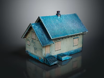 Small Weathered Wooden House With Blue Tile Roof Chimney Windows And Front Steps 3d model
