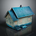 Small Weathered Wooden House With Blue Tile Roof Chimney Windows And Front Steps