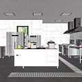 Commercial Kitchen Interior With Stainless Steel Appliances White Tiled Walls And Gray Flooring
