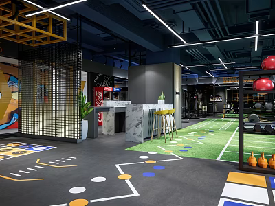 Modern Fitness Gym Interior With Bright Lighting Colorful Training Floor And Exercise Equipment 3d model