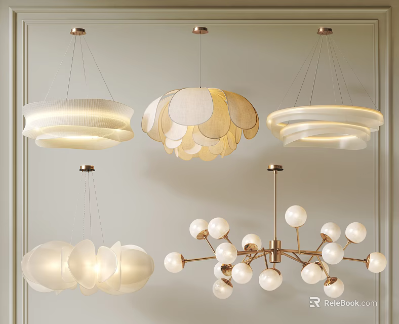 Modern Elegant Lighting Combinations With White Shades Petal Shaped Circular And Spherical Pendant Lights 3d model 