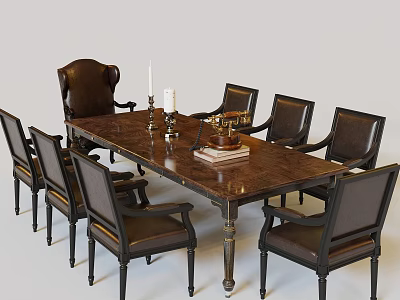 Dark Wooden Office Desk With Leather Chairs Candle Holder Telephone And Books 3d model