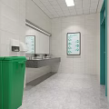 Modern Public Restroom Interior With White Tiled Walls Green Trash Bin Sink Mirror And Sign