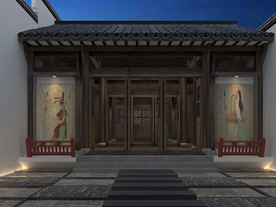 Traditional Chinese Garden Entrance With Tiled Roof Wooden Doors Mural Paintings And Red Railings 3d model