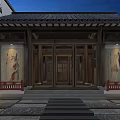 Traditional Chinese Garden Entrance With Tiled Roof Wooden Doors Mural Paintings And Red Railings