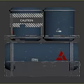 Industrial Equipment With Blue Drums Caution Label Black Rack And Red Triangular Sign