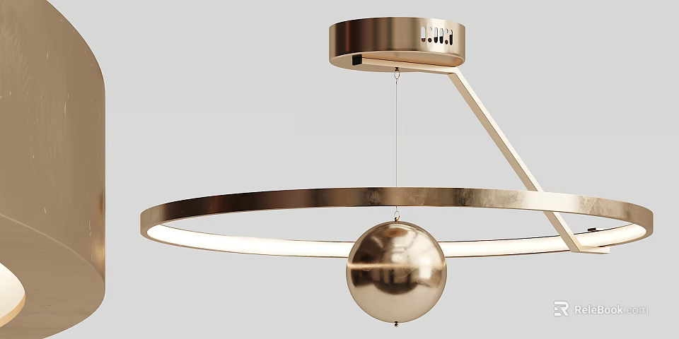 Modern Golden Metallic Chandelier With Circular Ring And Spherical Element 3d model