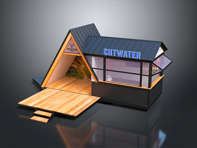 Classic Ancient Architectural Structure With Gabled Black Roof Wooden Deck And Glass Windows 3d model