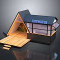 Classic Ancient Architectural Structure With Gabled Black Roof Wooden Deck And Glass Windows