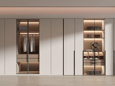 Modern Wardrobe With Glass Doors Hanging Area Shelves And Interior Lighting 3d model