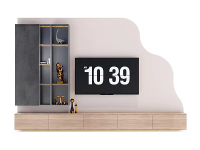 Light Colored Wall With Curved Design TV Wooden Cabinet And Glass Door Decorative Shelves 3d model