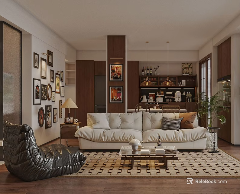 Modern Living Dining Room Interior With White Sofa Artwork Pendant Lights Rug And Wine Cabinet 3d model 
