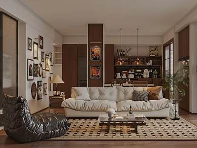 Modern Living Dining Room Interior With White Sofa Artwork Pendant Lights Rug And Wine Cabinet 3d model