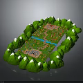 Scenic Natural Landscape With Lush Green Hills Blue Pathway And Traditional Buildings