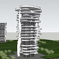 Modern High Rise Residential Building With Curved Design Glass Curtain Walls And Greenery