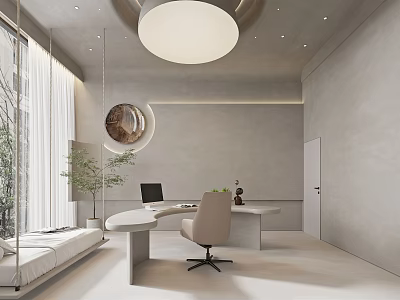 Modern Study Room Interior With Large Window Round Ceiling Light Desk Chair And Green Plant 3d model