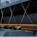 Modern Main Entrance Gate Design With Geometric Lighting Projection Black Wall And Decorative Lattice