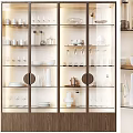 Elegant Modern Wine Cabinet Interior With Glass Doors Lighting Wine Glasses And Plates