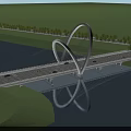 Modern Bridge Design With Unique Arch Towers Spanning River Green Landscape And Vehicle Reflection