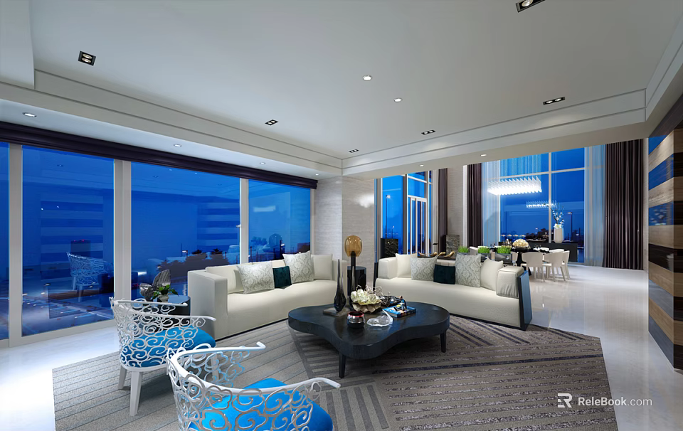 Modern Living Room Interior With Large Windows White Sofa And Coffee Table 3d model 