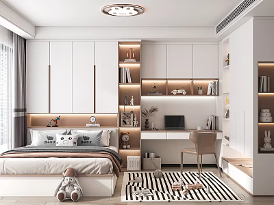 Modern Tatami Bedroom Interior with White Cabinets Built-in Bookshelves Desk Chair and Rug 3d model