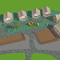 Campsite with Tents Wooden Fence and Tables in Natural Setting Under Red Sunset Sky