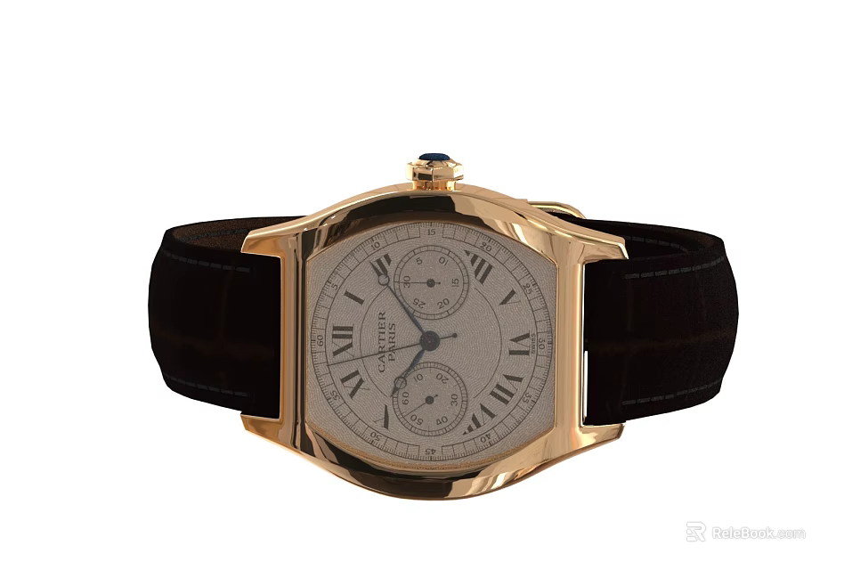 Vacheron Constantin Watch With Gold Case Black Leather Strap White Dial Roman Numerals Subdials 3d model 