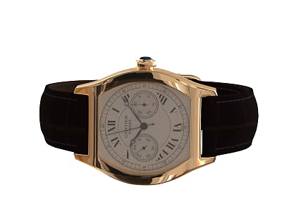 Vacheron Constantin Watch With Gold Case Black Leather Strap White Dial Roman Numerals Subdials 3d model