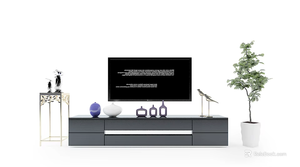 Modern TV Stand with TV Decorative Vases and Plant in Living Room Setup 3d model 