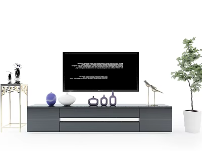 Modern TV Stand with TV Decorative Vases and Plant in Living Room Setup 3d model