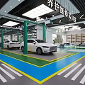 Modern Auto Showroom Interior With Green And Blue Floor Lines And Display Cars