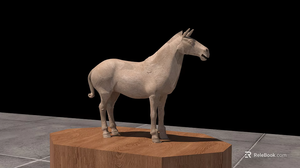 Horse Sculpture Carving on Wooden Base with Black Background and Gray Floor 3d model 