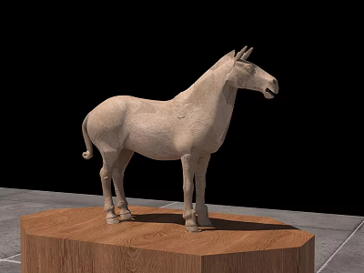 Horse Sculpture Carving on Wooden Base with Black Background and Gray Floor 3d model