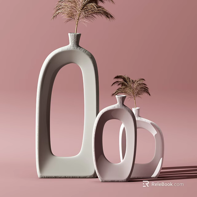 White Vases With Unique Oval Cutout Design And Palm Leaf In Pink Background 3d model 