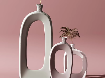 White Vases With Unique Oval Cutout Design And Palm Leaf In Pink Background 3d model