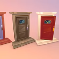 Colorful Front Doors With Frames And Steps On Gradient Pink Orange Background 3d model