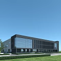 Modern Industrial Factory Building With Glass Curtain Walls Green Lawn And Trees